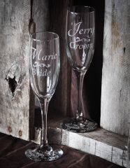 Sandblast etched wedding champagne flutes