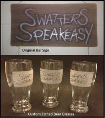 Custom etched bar glass set. Designed from original bar sign.
